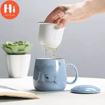Привет, керамическая чайная чашка с фильтром, простая большая вместительная посуда для напитков для пары, домашняя кофейная кружка с крышкой, фарфоровая офисная чашка для разделения чая