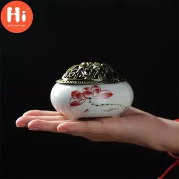Привет, керамическая катушка, курильница для домашнего декора, ремесла, башня, ароматическая курильница с медной крышкой, держатель для благовоний Будды, Hi B
