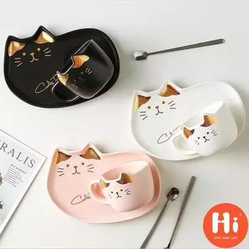 Привет, керамическая кофейная чашка с блюдцем, ложка, мультяшная кошка, чашка для завтрака, молоко, кружка, хлеб, десерт, блюдо, подарок A