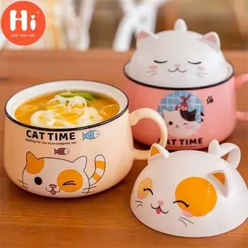 Привет керамическая милая мультяшная миска для лапши быстрого приготовления с крышкой и ручкой креативная большая вместительная офисная миска для фруктов посуда