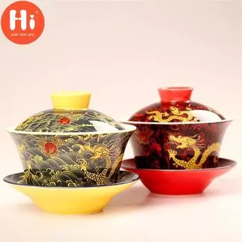 Привет Керамический Ручная Роспись Традиционный Китайский Гайвань Офисный Чайник Дракон Ретро Чайные Чаши с Крышкой Посуда для напитков A