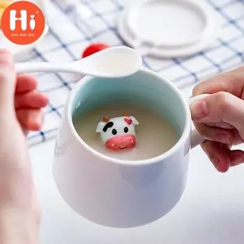 Привет, креативная керамическая кружка с крышкой, ложка, милая женская корейская чашка для завтрака с водой, чашка для чая с молоком и кофе One size
