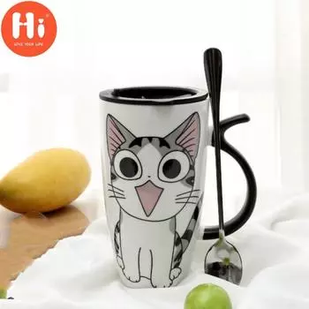 Привет, креативная милая мультяшная керамическая чашка, кружка для кофе с молоком, индивидуальные чашки для питья большой емкости для пар с ложкой. 501-600ml