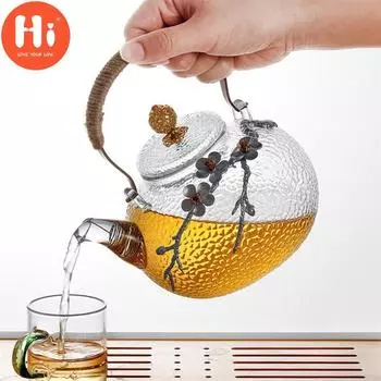 Привет, креативный японский стиль, утепленный термостойкий стеклянный чайник с цветком сливы с ручкой, домашний цветочный чайник, офисный чайник, подарок