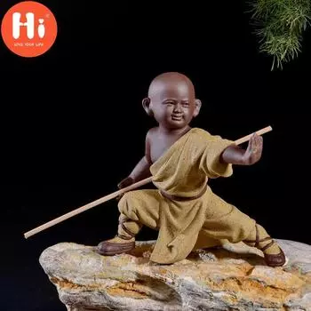 Привет, маленькая статуя монаха, керамическая фигурка Будды, офисный чайный питомец, фиолетовая глинистая скульптура, подарок, украшение для дома, чайного домика, ремесла, привет A