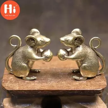 Привет, медь, милая мышь, персиковая миниатюра, фигурки, чайное украшение для стола для домашних животных, ремесла, латунная статуя животного, крысы, украшения для дома, аксессуары 1pcs