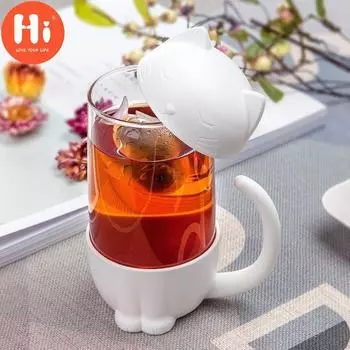 Привет, милый кот, стеклянная чашка, чайная кружка с рыбным фильтром, ситечко, стеклянная чашка, фильтр для заварки чая, кружка, домашний офисный контейнер, подарок Cat розовый