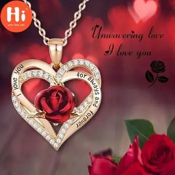 Привет мода Изысканное ожерелье с цветком розы «Любовь» Золотое женское ожерелье с подвеской в форме сердца Элегантное ювелирное изделие на День святого Валентина Подарок на годовщину свадьбы золотой