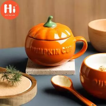 Привет мультяшная милая керамическая чашка в виде тыквы с крышкой, чашка для завтрака, десертная чашка для супа, чашка для овсянки, студенческая чашка для воды, кружка small оранжевый