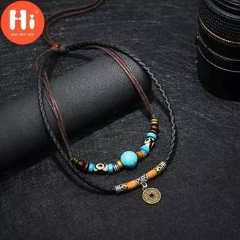 Привет ОЖЕРЕЛЬЕ Замечательное колье-чокер с бусинами и монетами, многослойные ювелирные изделия, мужской бирюзовый кулон, женский подарок