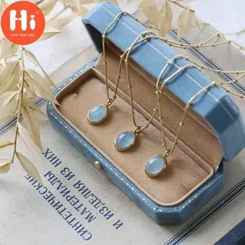 Привет Ожерелья Натуральный Аквамарин Подвески Титановая Сталь Натуральный Камень Цепь Ключицы Подвески Ожерелья Винтажные Ювелирные Изделия