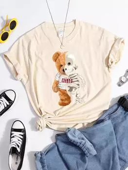 Привет, плюшевый мишка, покажу вам, как я на самом деле выгляжу, женские футболки, летняя повседневная футболка, уличные топы в стиле хип-хоп S бежевый