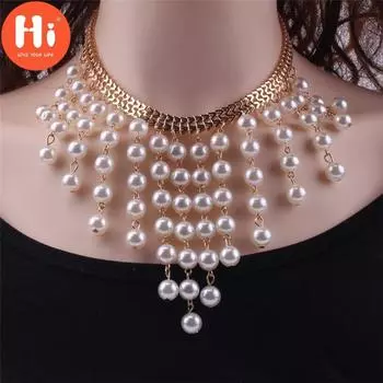 Привет преувеличенное свадебное колье-колье с искусственным жемчугом для женщин, многослойная цепочка, массивные ювелирные изделия серебряный