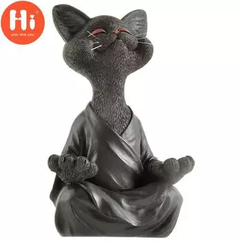 Привет, причудливая фигурка черного Будды и кота, медитация, йога, Коллекционная коллекция Happy Cat, Декор, художественные скульптуры, садовые статуи, домашний декор, привет чёрный