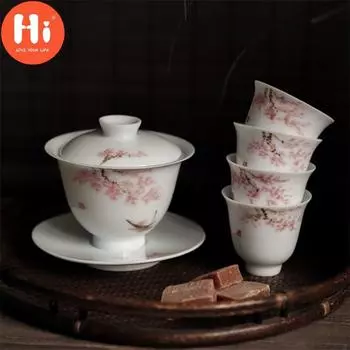 Привет, раскрашенная вручную чашка с цветущей вишней, керамическая чаша для чая Gaiwan Master Cup
