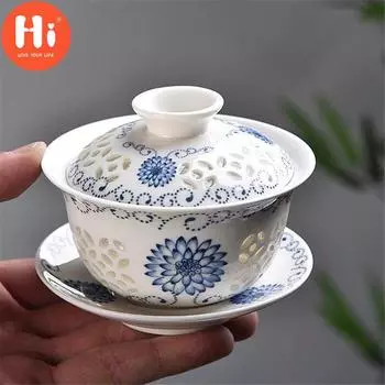 Привет, синие и белые фарфоровые полые чайные чашки, керамическая чаша для офиса Kung Fu Gaiwan с крышкой, 160 мл