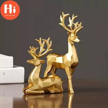 Привет, скандинавская рождественская фигурка оленя, 2 шт., геометрическая статуя из смолы, сидящая стоячая статуя лося, оленя для украшения дома и офиса, HeHi 2pcs/1set золотой