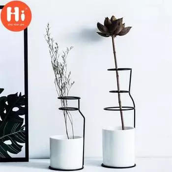 Привет, скандинавский минималистичный керамический ваза для цветов с железным держателем, гидропонный горшок, современный контейнер для сухих цветов, кашпо, украшение для дома, привет A