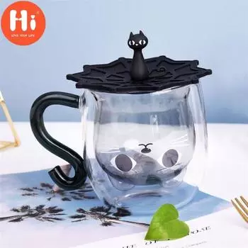 Привет, стеклянная чашка с двойными стенками, чашка для молока и сока, креативная кофейная кружка в форме милого кота, мультяшная чашка для пары с крышкой, бытовая офисная посуда для напитков 1PC