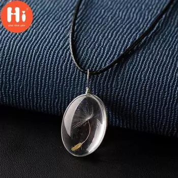 Привет Стеклянный кулон Ожерелье Натуральное семя одуванчика Желание Стеклянные бусины Ожерелье ручной работы Одуванчик 1