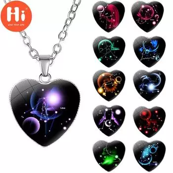 Привет стильный женский 12 знаков зодиака созвездия стеклянное сердце кулон ожерелье день рождения ювелирный подарок Aquarius