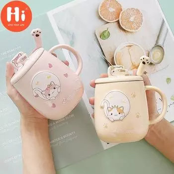 Привет творческая керамическая мультяшная кошка офисная домашняя кружка с крышкой ложка 480ml color box with spoon жёлтый