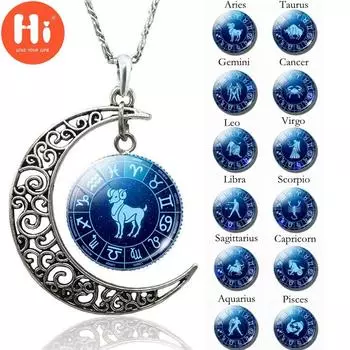 Привет, унисекс, ювелирные изделия, 12 созвездий, полый полумесяц, ожерелье из искусственного драгоценного камня, вечерние ювелирные изделия, подарок Aquarius