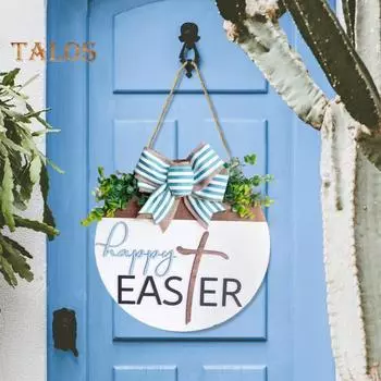 Приветственный пасхальный знак, деревянная подвесная табличка на дверь, деревенский пасхальный декоративный знак на входную дверь с бантом для крыльца, наружного входа белый