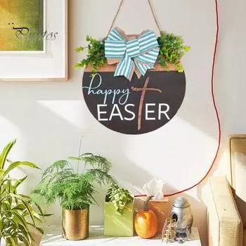 Приветственный пасхальный знак, деревянная подвесная табличка на дверь, деревенский пасхальный декоративный знак на входную дверь с бантом для крыльца, наружного входа белый