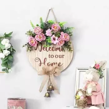 Приветственный знак для входной двери, деревенский деревянный подвесной знак с искусственными цветами и колокольчиками, декоративный настенный знак ко Дню святого Валентина для крыльца дома или фермерского дома розовый