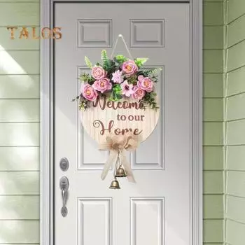 Приветственный знак для входной двери, деревенский деревянный подвесной знак с искусственными цветами и колокольчиками, декоративный настенный знак ко Дню святого Валентина для крыльца дома или фермерского дома розовый