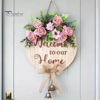 Приветственный знак для входной двери, деревенский деревянный подвесной знак с искусственными цветами и колокольчиками, декоративный настенный знак ко Дню святого Валентина для крыльца дома или фермерского дома розовый