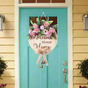Приветственный знак для входной двери, деревенский деревянный подвесной знак с искусственными цветами и колокольчиками, декоративный настенный знак ко Дню святого Валентина для крыльца дома или фермерского дома розовый