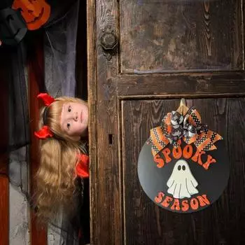 Приветственный знак на дверь на Хэллоуин, привидение, тыква, паутина, летучая мышь, ведьма, настенная деревянная табличка на входной двери, украшение на дверь B