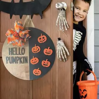 Приветственный знак на дверь на Хэллоуин, привидение, тыква, паутина, летучая мышь, ведьма, настенная деревянная табличка на входной двери, украшение на дверь B