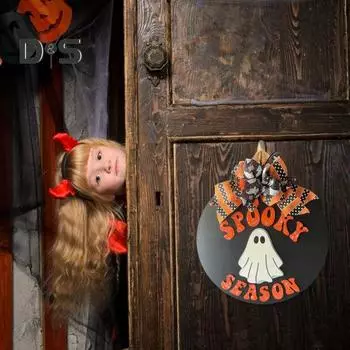 Приветственный знак на дверь на Хэллоуин, привидение, тыква, паутина, летучая мышь, ведьма, настенная деревянная табличка на входной двери, украшение на дверь B