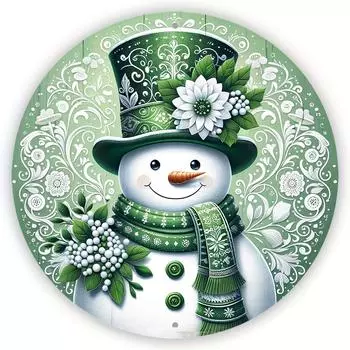 Привлекательная зеленая вывеска в виде снеговика-венка - круглая алюминиевая настенная отделка размером 8x8 дюймов для дома, офиса, кухни и сада чёрный