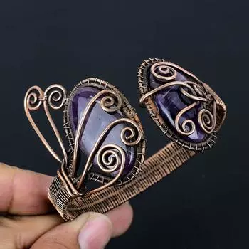 Привлекательный аметист, драгоценный камень, чистая медная проволока, завернутая в манжеты/браслет ручной работы, ювелирные изделия Adjustable фиолетовый