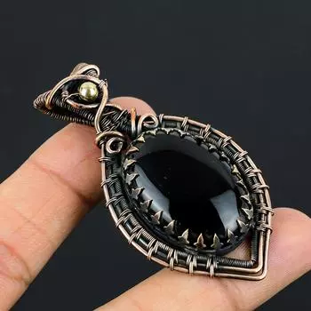 Привлекательный черный оникс, драгоценный камень, чистая медная проволока, обернутая подвеской ручной работы, ювелирные изделия 2.56 Inches чёрный