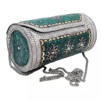 Привлекательный цилиндр ручной работы, круглый этнический камень, металлическая сумка, антикварный свадебный клатч
