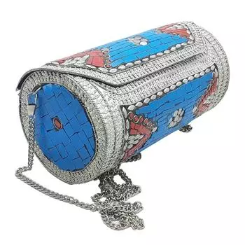 Привлекательный цилиндр ручной работы, круглый этнический камень, металлическая сумка, антикварный свадебный клатч