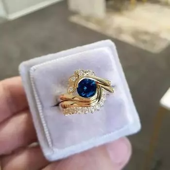 Привлекательный цветок, круглый синий, белый камень, циркон, обручальные кольца, модные золотые обручальные кольца для вечеринок, годовщины для женщин 6