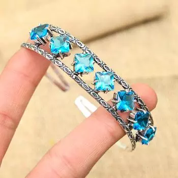 Привлекательный драгоценный камень с синим топазом, ювелирные изделия ручной работы из стерлингового серебра 925 пробы, красивые регулируемые манжеты для нее