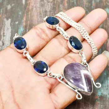 Привлекательный шевронный аметист, драгоценный камень, ожерелье ручной работы из стерлингового серебра 925 пробы, ювелирные изделия 19 Inches фиолетовый