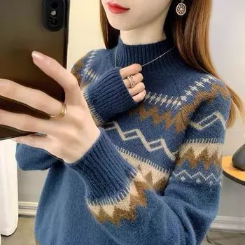 Привлекательный свитер с длинным рукавом, трикотажная женская одежда, контрастный цвет, полувысокий воротник, пуловер, геометрические топы S синий