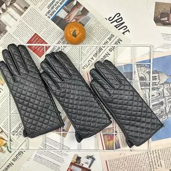 Призматические клетчатые флисовые кожаные перчатки осенние ветрозащитные водонепроницаемые флисовые перчатки для велоспорта термоперчатки для женщин чёрный