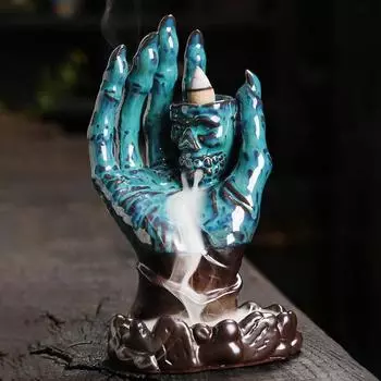 Призрачная рука обратный поток курильница Хэллоуин жуткая рука форма керамика водопад благовония конус держатель настольный синий