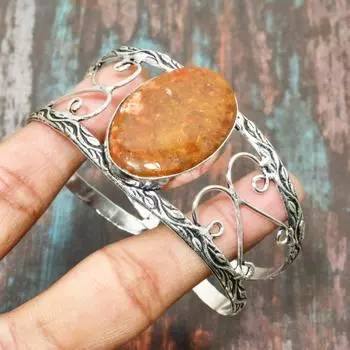 Призрачный глаз Яшма Драгоценный камень Ювелирные изделия ручной работы Твердый браслет из стерлингового серебра 925 пробы Регулируемый Adjustable жёлтый