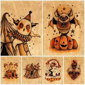 Призрачный клоун цирка Ретро настенная живопись маслом Гриб Призрак и Хэллоуин Тыква Художественный постер 21cm30cm NoFrame