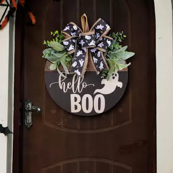 Призрак Хэллоуин деревянная дверь подвесная табличка передняя декоративная с бантом украшение